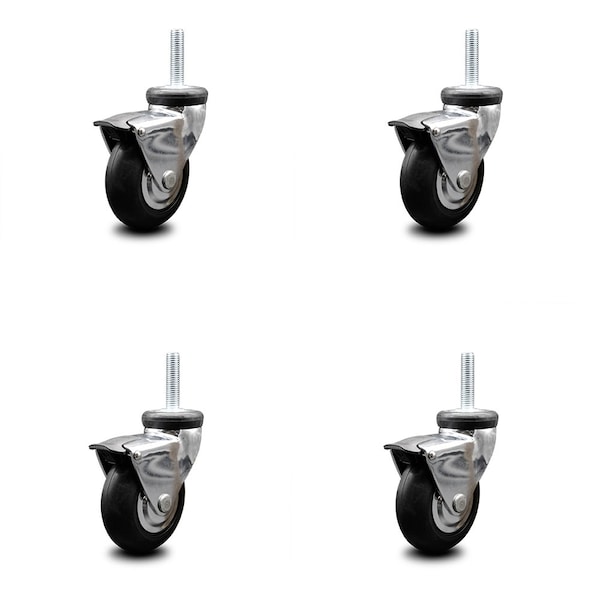 Service Caster 3 Inch Hooded Neoprene Rubber 12mm Threaded Stem Casters with Brakes SCC, 4PK SCC-TS03S310-NPRB-BC-B-M1215-4 - main